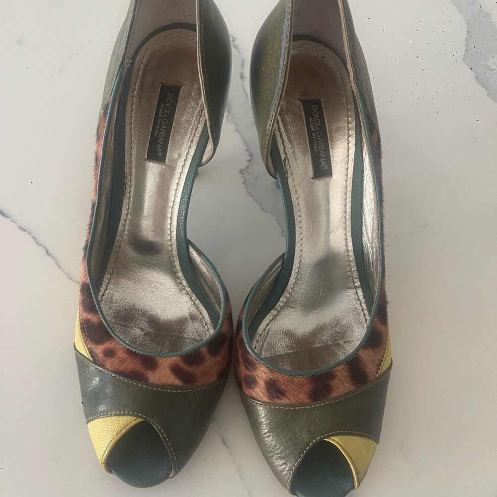 Dolce & Gabbana Peep Toe Pumps Animal Print Leather Italy 38.5